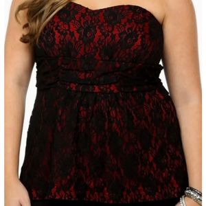 Torrid Lace Strapless Top, Size 2, Red with Black Lace